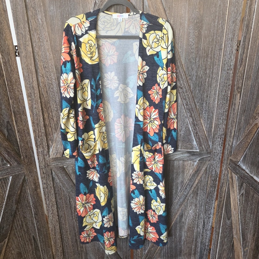LulaRoe Sweater Womens Size Medium Navy & Multi Color Floral Long Open Cardigan